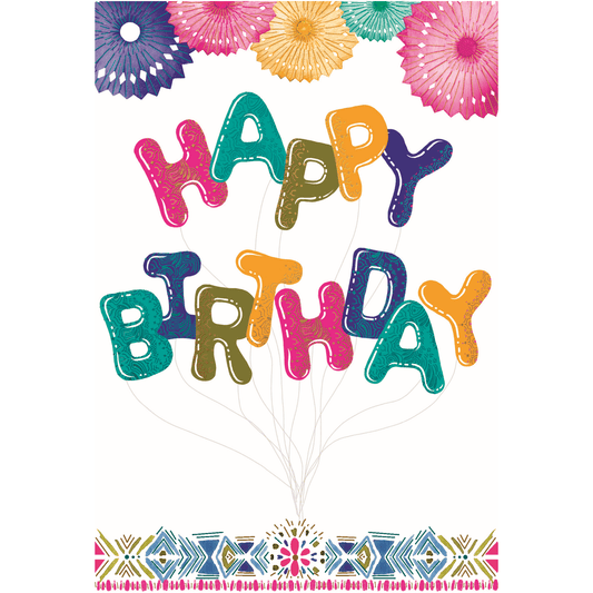 Colorful happy birthday balloons on Pictura birthday card, featuring festive illustrations for celebrating special occasions.
