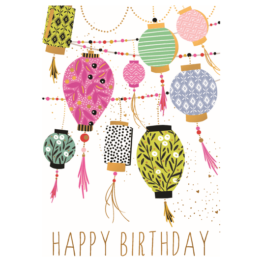 Pictura Lanterns Birthday Card featuring colorful lantern illustrations on a festive everyday card by Sara Miller.