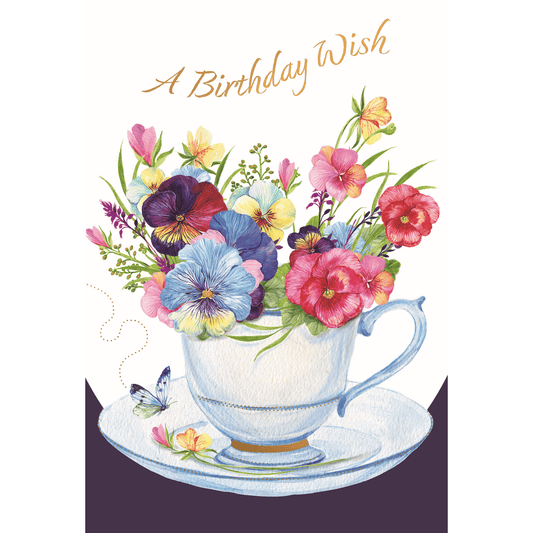 Pictura Pansy Mug Birthday Card featuring colorful pansy flower illustration on an everyday greeting card design.