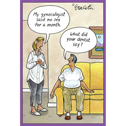 Pictura Gynecologist Dentist Birthday Card by Eric Decetis featuring colorful medical-themed illustrations on a cheerful greeting card.