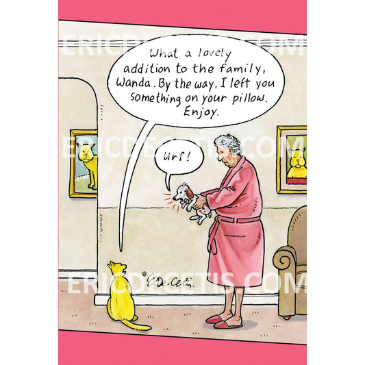 Pictura birthday card featuring humorous cat poop pillow design by Eric Decetis, perfect for everyday greeting cards.