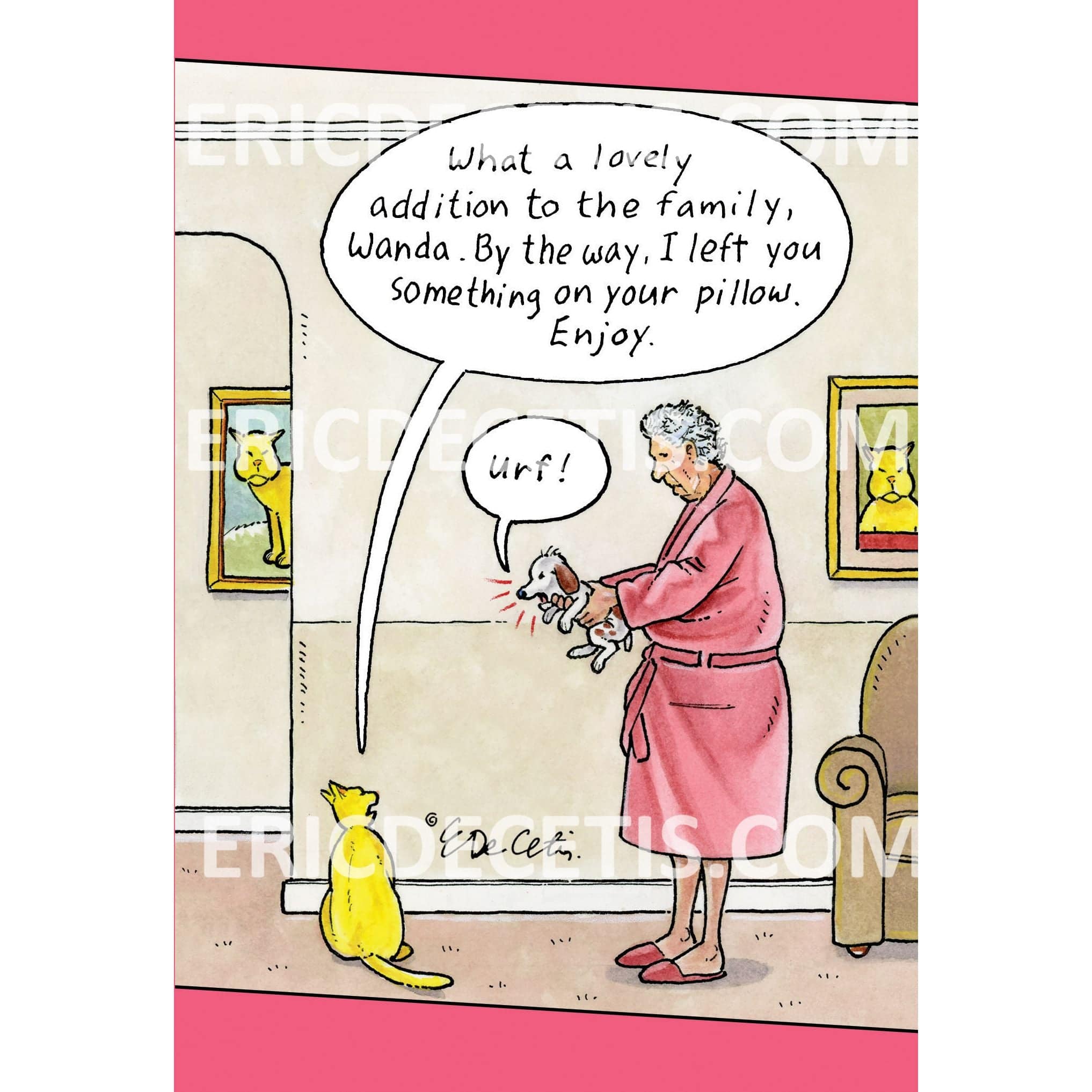 Pictura birthday card featuring humorous cat poop pillow design by Eric Decetis, perfect for everyday greeting cards.
