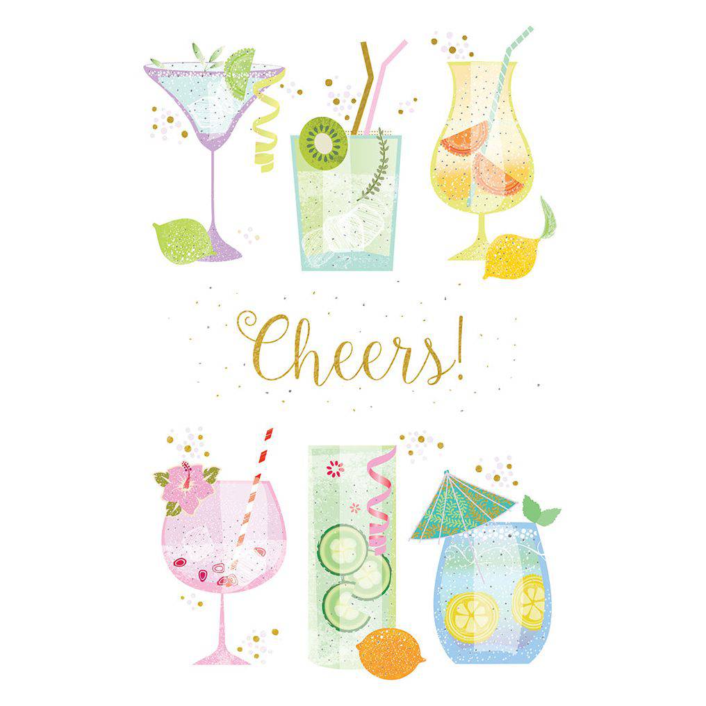 Pictura Pretty Drinks birthday card featuring colorful illustrated cocktails on an elegant greeting card design.
