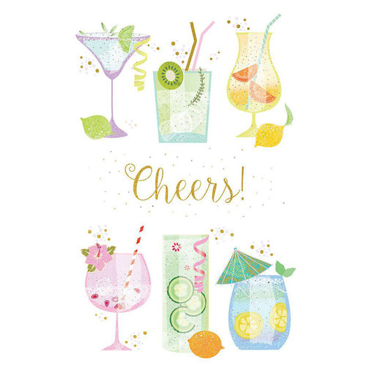 Pictura Pretty Drinks birthday card featuring colorful illustrated cocktails on an elegant greeting card design.