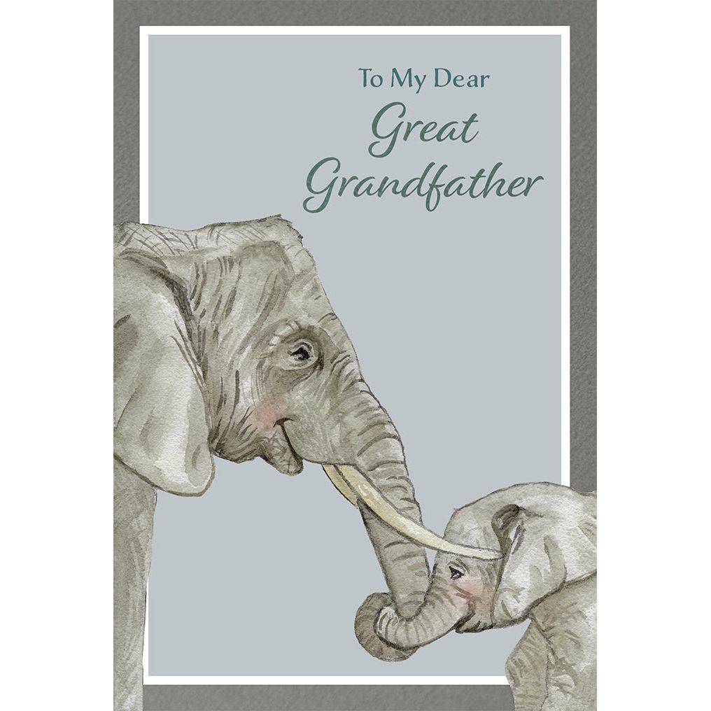Pictura elephants birthday card for great grandfather, featuring colorful elephant illustration on a cheerful greeting card.