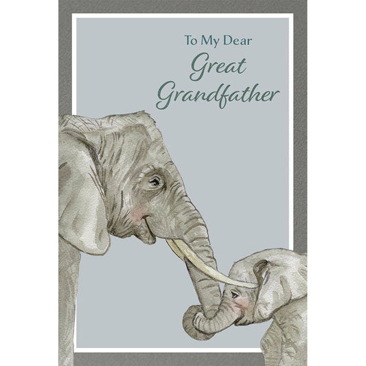 Pictura elephants birthday card for great grandfather, featuring colorful elephant illustration on a cheerful greeting card.