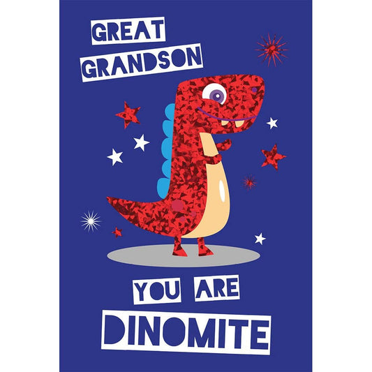 Pictura Dinomite birthday card for great grandson featuring colorful dinosaur illustration and festive design.