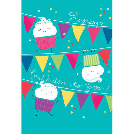 Colorful cupcake banners birthday card by Pictura featuring festive cake illustrations for celebrating special occasions.
