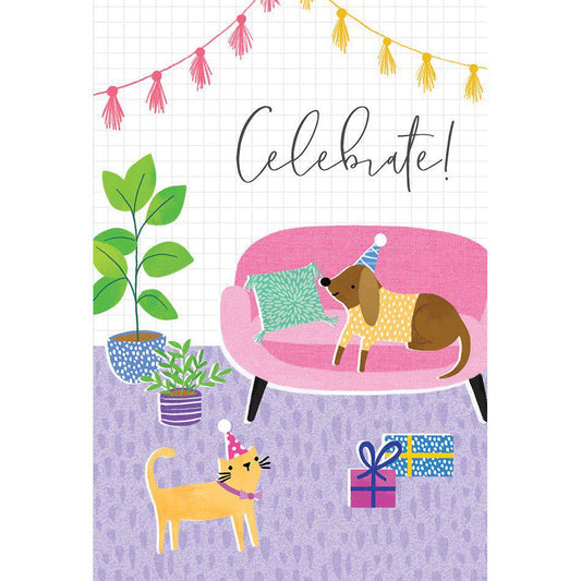 Colorful Party Time Pets birthday card by Pictura featuring playful animal illustrations for special celebrations.