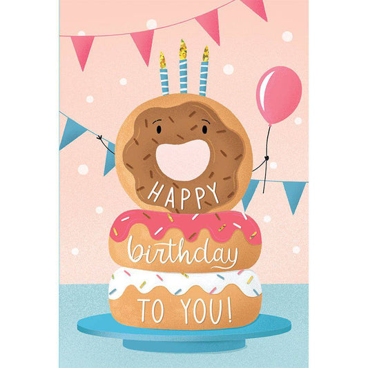 Colorful donut cake birthday card from Pictura, featuring vibrant illustrations and playful design, perfect for celebrating special occasions.