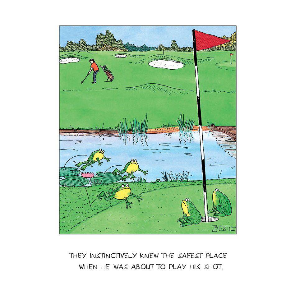 Frog Golf funny birthday card from Pictura featuring a humorous frog playing golf on an everyday greeting card.