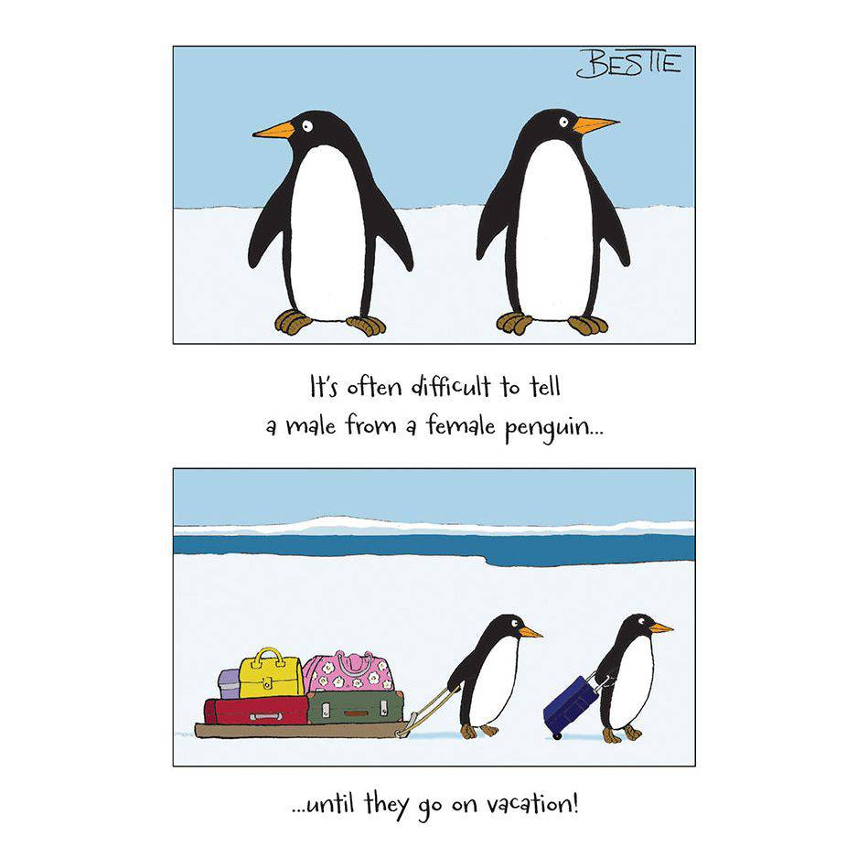 Penguin Luggage Funny Birthday Card by Pictura featuring a cartoon penguin with luggage, suitable for birthday greetings.