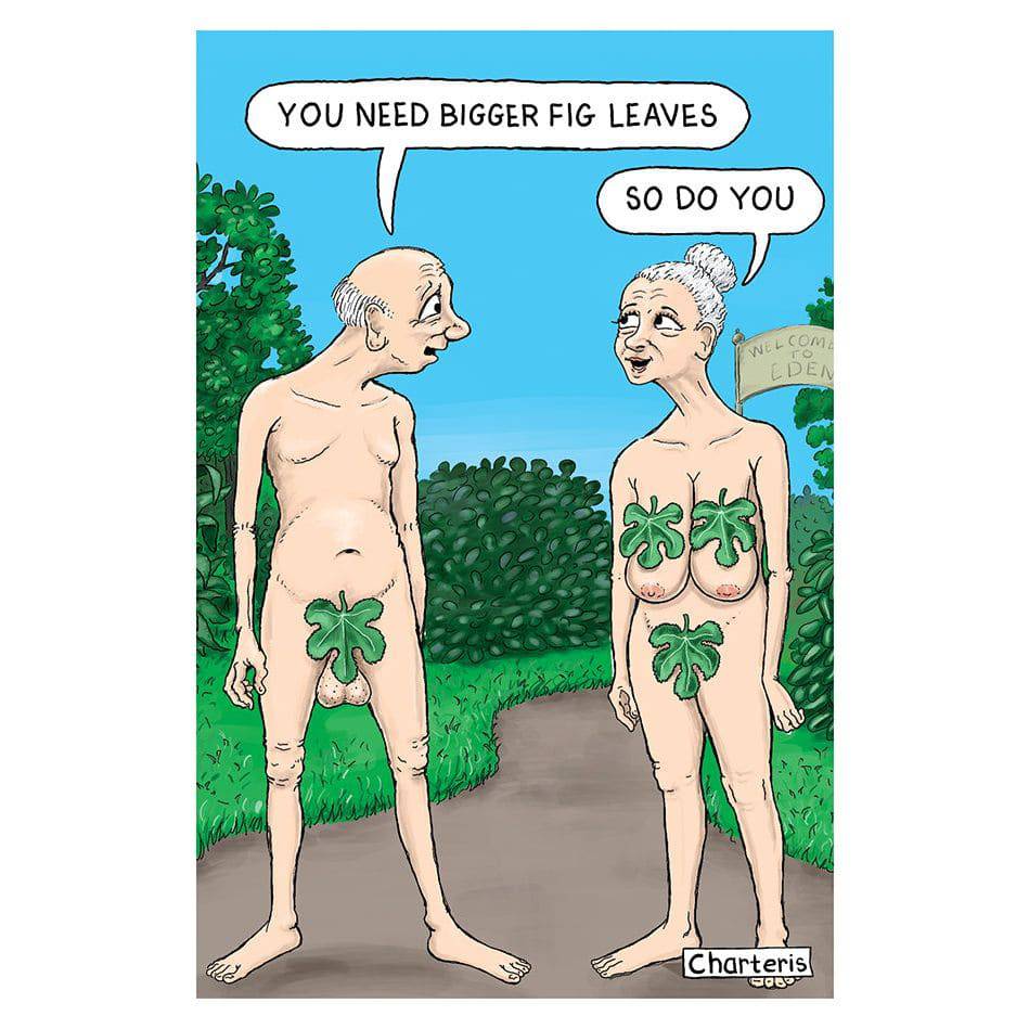 Funny birthday card featuring bigger fig leaves design by Pictura, with colorful illustrated figs and playful lettering.