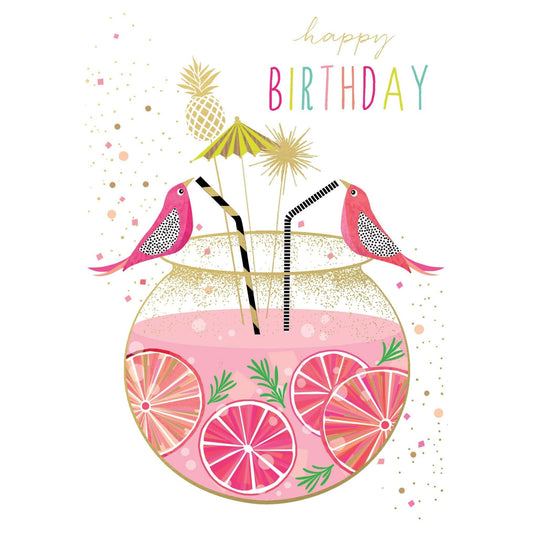 Bird Cocktail Birthday Card by Sara Miller, colorful illustrated design on Pictura everyday greeting card.