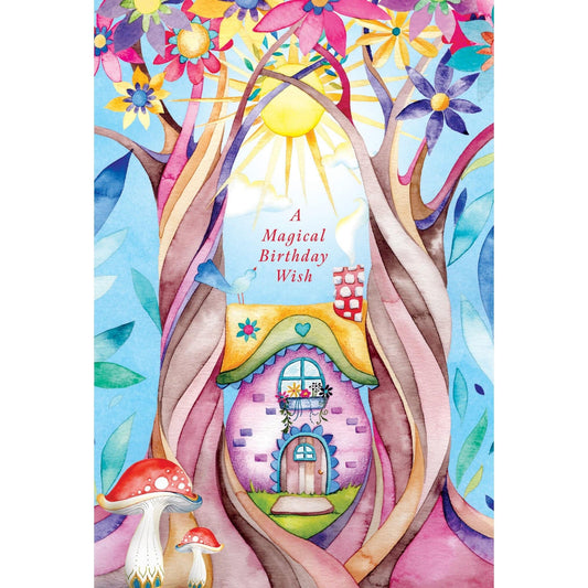 Pictura Magic Fairy Cottage birthday card featuring whimsical fairy and cottage illustration, ideal for special occasion greetings.
