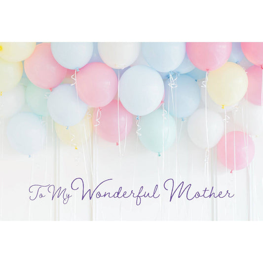 Pastel balloons birthday card from Pictura featuring colorful balloon illustrations for Mother's Day or birthday celebrations.