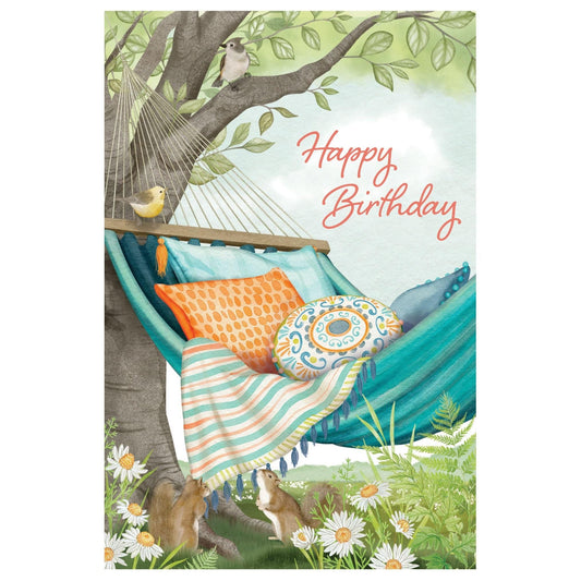 Pictura Hammock Birthday Card featuring a colorful illustration of a hammock and tropical scenery for special occasions.