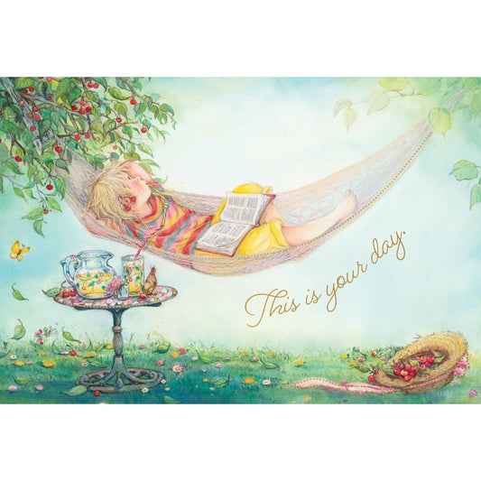 Pictura relaxing hammock birthday card by Lisi Martin featuring a serene hammock scene, perfect for celebrating special occasions.