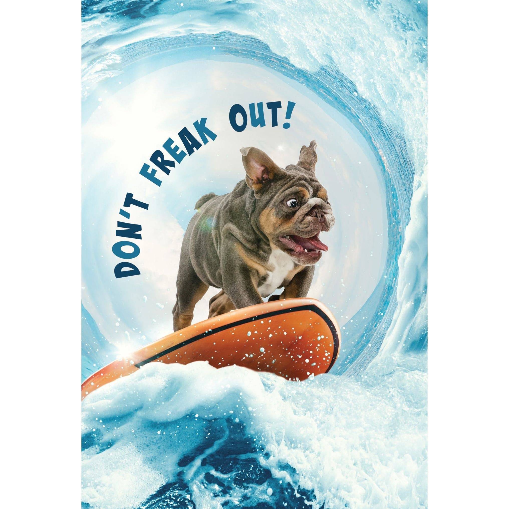 Funny surfing dog birthday card from Pictura featuring a playful dog riding a wave, perfect for celebrating special occasions.