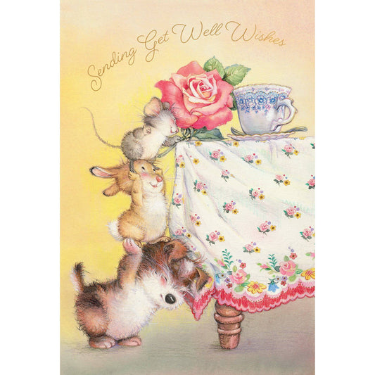 Pictura Tiny Friends Get Well Card featuring colorful cartoon animals and cheerful design for sending well wishes.
