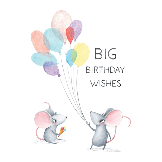 Colorful birthday mice illustration on Pictura birthday card, featuring cheerful mice and festive design for celebrating special occasions.
