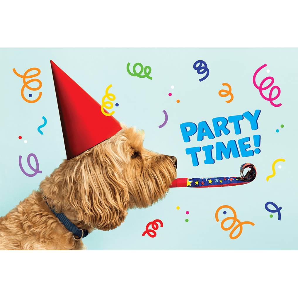 Colorful Pictura Party Time Dog Birthday Card featuring playful dog illustrations on a festive background for celebration occasions.