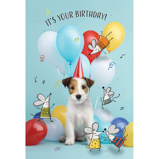 Colorful Balloon Pup birthday card by Pictura featuring a playful dog holding balloons, perfect for celebrating special occasions.