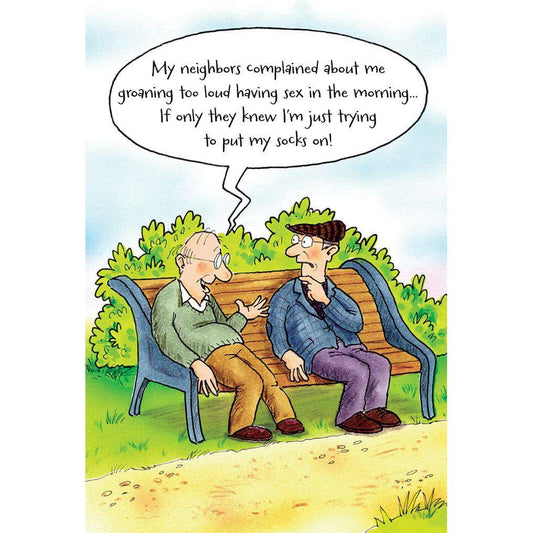 Pictura funny birthday card featuring humorous neighborhood complaint illustration, suitable as an everyday greeting card.