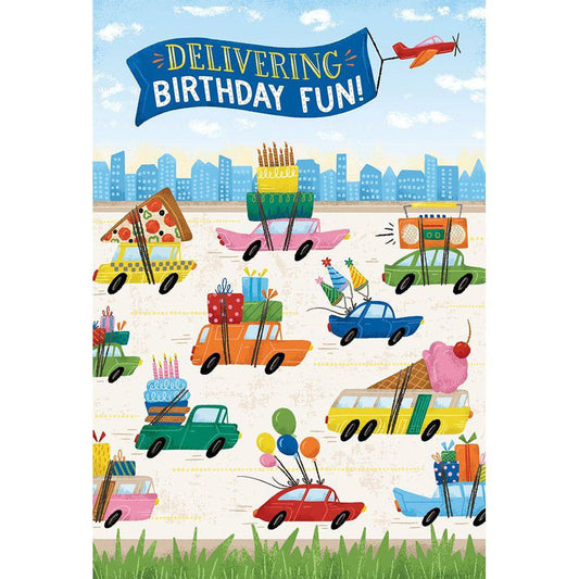 Colorful Pictura Racing Cars Birthday Card for son, featuring vibrant racing cars and playful design for kids' birthday celebrations.