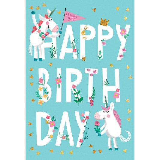 Colorful Happy Birthday Unicorns card by Pictura featuring whimsical unicorn illustrations for birthday celebrations.