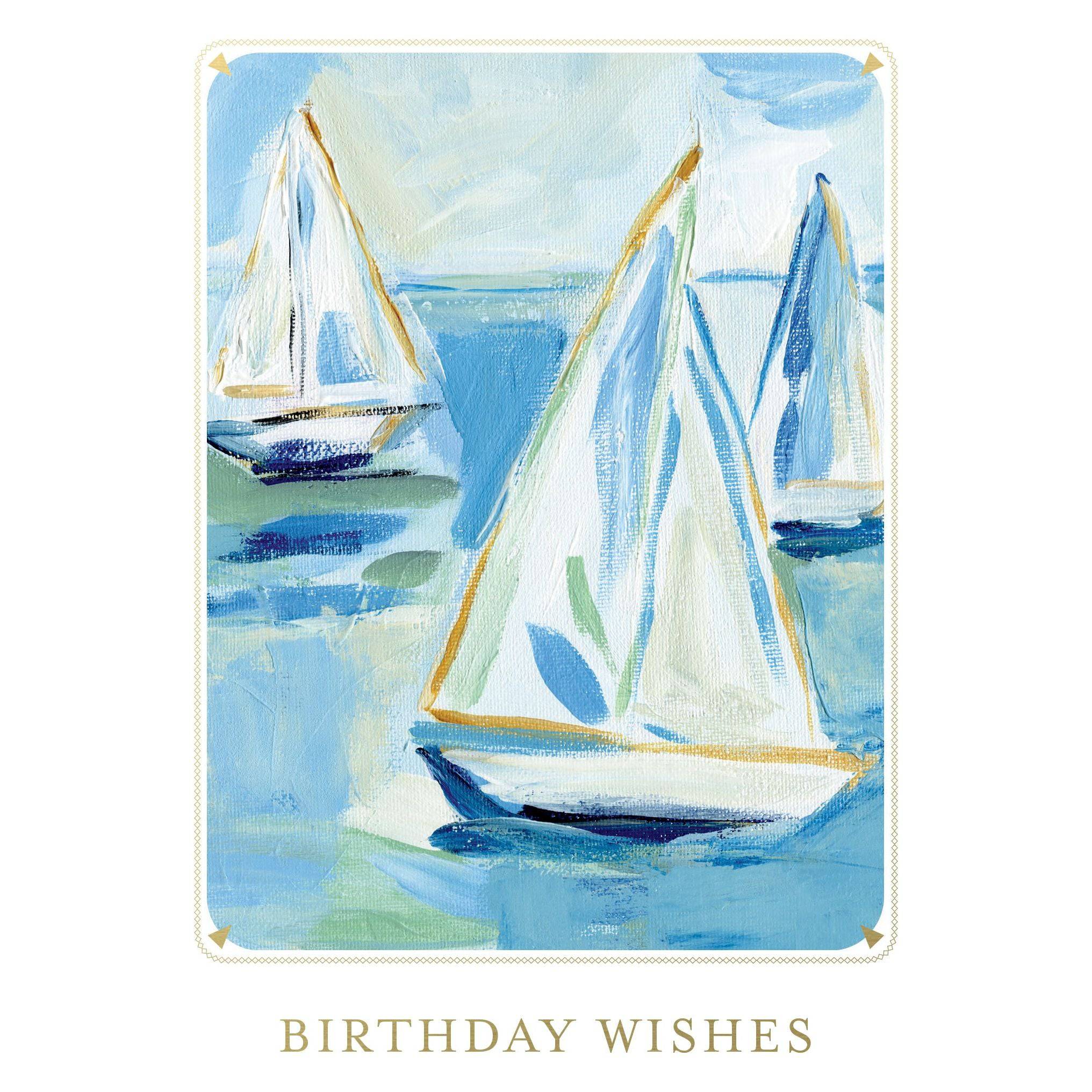 Three colorful sailboats illustrated on a Pictura birthday card from the trio of sailboats everyday cards collection.