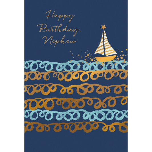 Pictura birthday card featuring a boat on waves, designed for nephews, with nautical theme and vibrant ocean imagery.