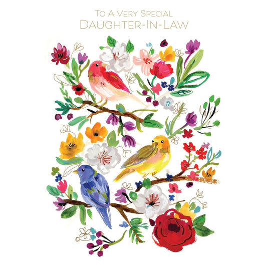 Pictura Birds on Branches birthday card for daughter-in-law featuring colorful bird illustrations on a branch.