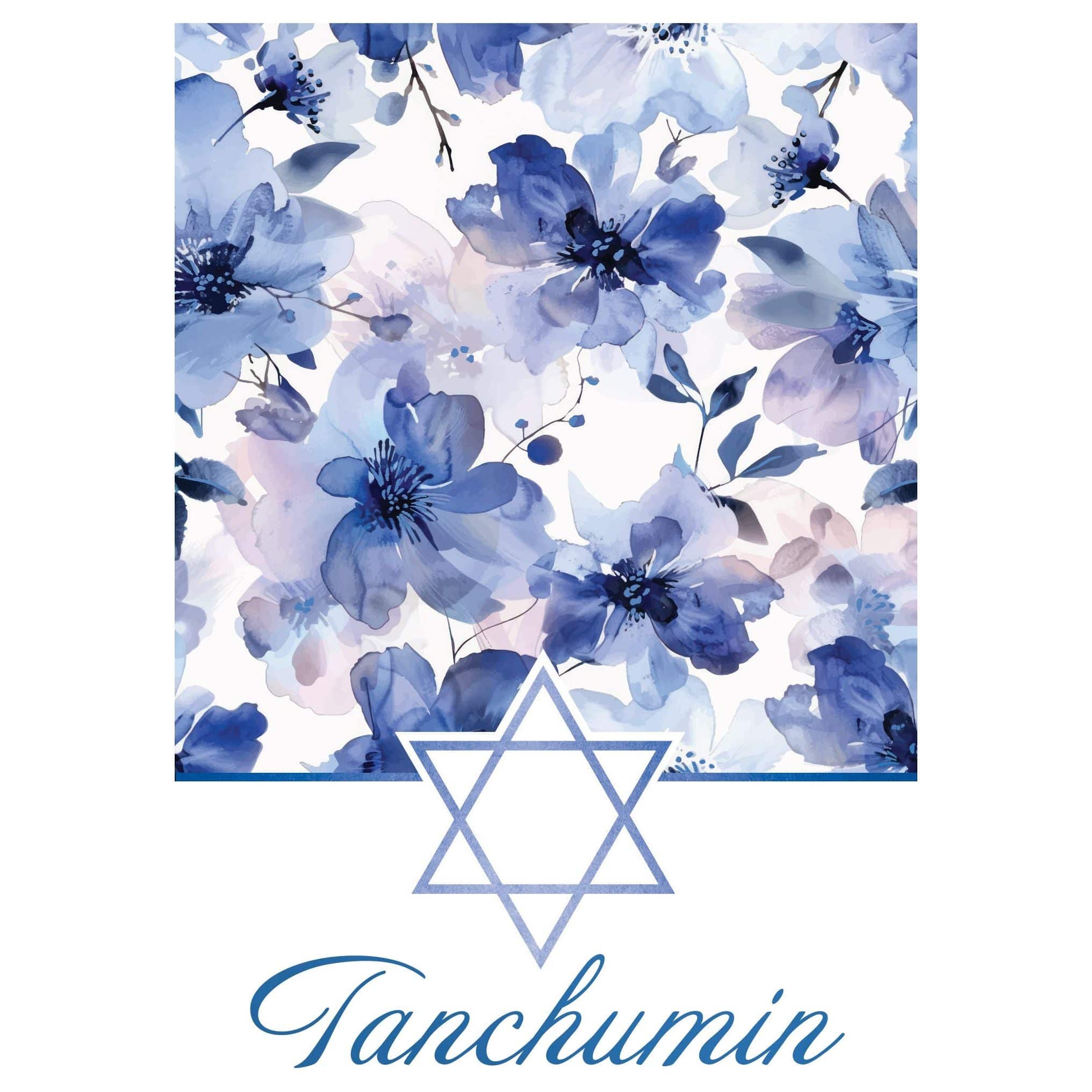 Blue watercolor florals Judaic sympathy card by Pictura featuring delicate floral artwork on a soft blue background.