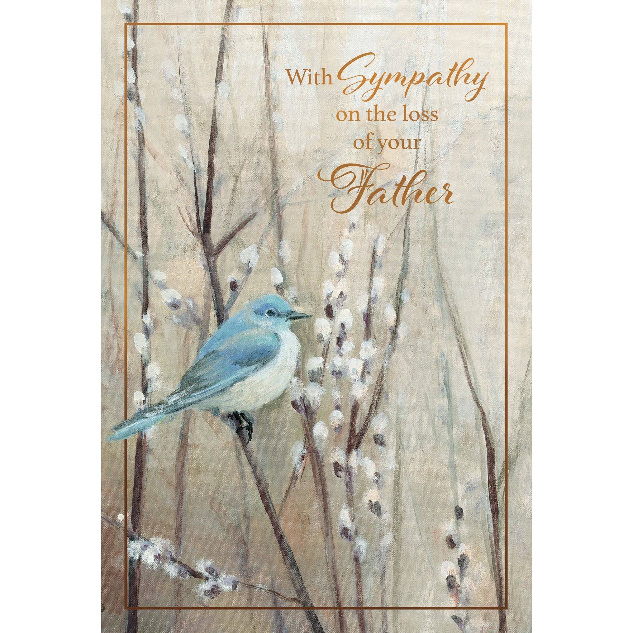 Blue sympathy card featuring a blue bird on a branch, designed for expressing condolences for the loss of a father by Pictura.