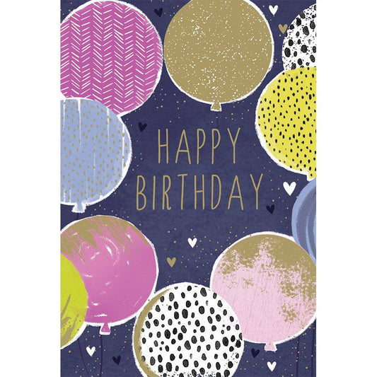 Colorful birthday balloons illustration on a Sara Miller birthday card from Pictura's everyday card collection.