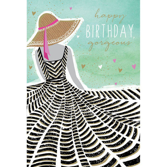 Blank flowing dress birthday card from Sara Miller for Pictura, featuring elegant floral design on the front.