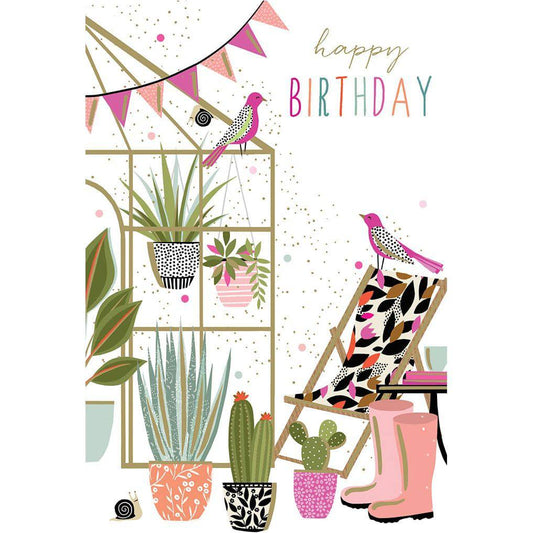 Greenhouse birthday card by Sara Miller from Pictura featuring colorful floral and botanical illustrations on a cheerful greeting card.