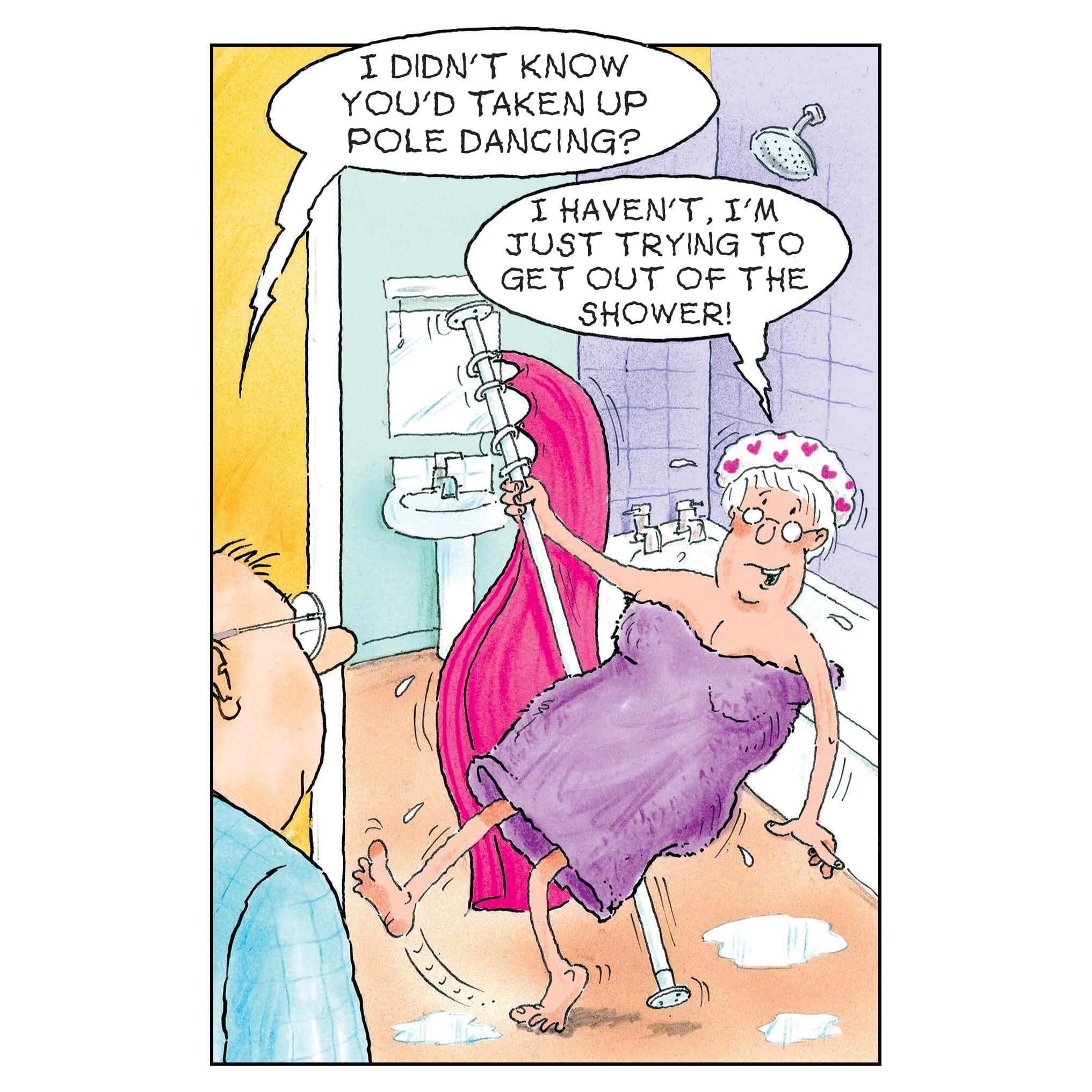 Funny pole dancing birthday card by Pictura, featuring colorful illustrations suitable for everyday greeting card occasions.