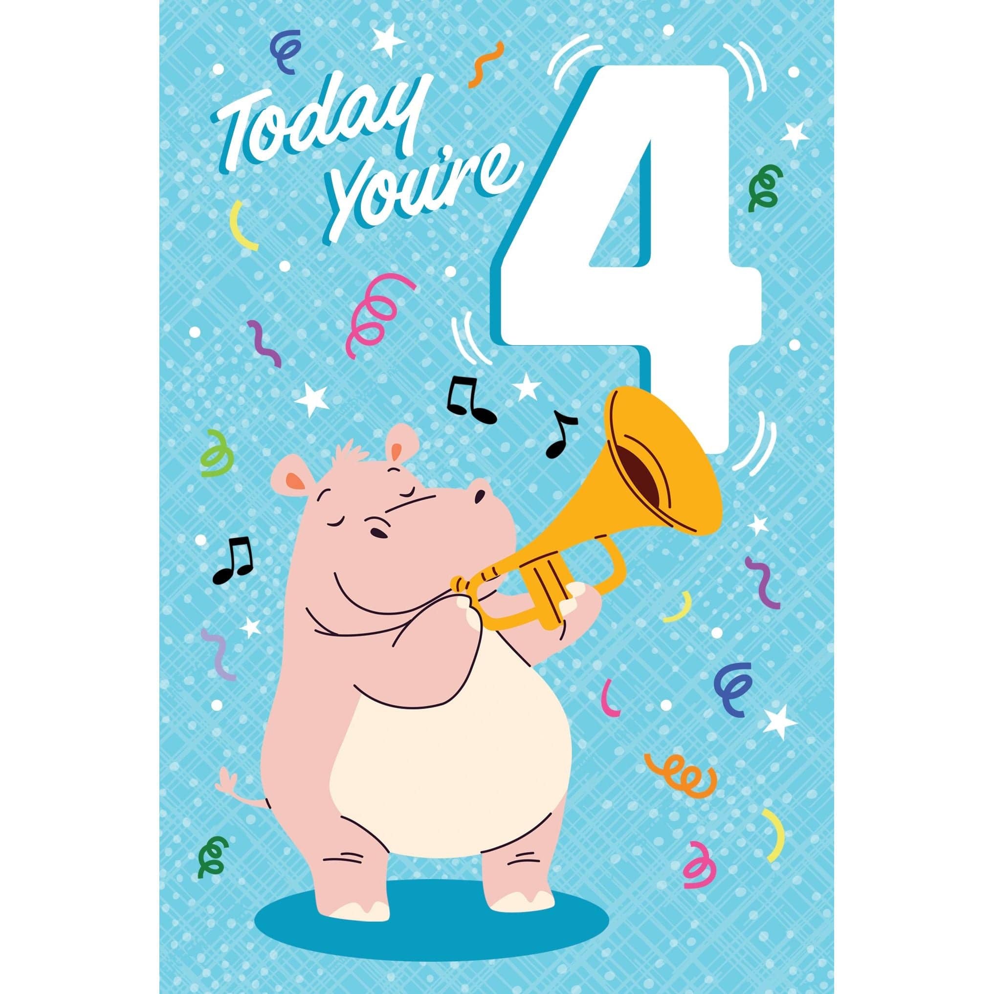 Pictura 4th Hippo birthday card from the Everyday Cards collection, featuring a colorful hippo illustration for celebrating a fourth birthday.
