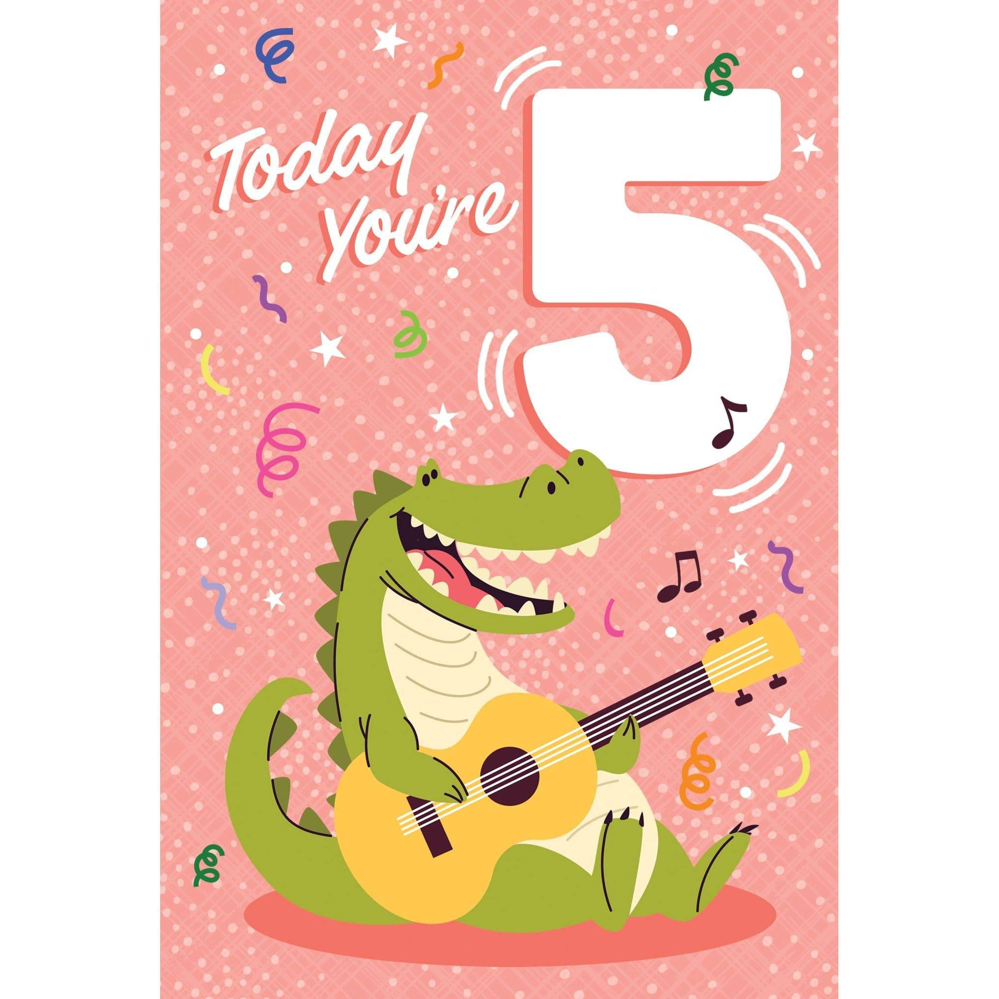 Pictura 5th Crocodile birthday card featuring a colorful crocodile illustration on an everyday greeting card.