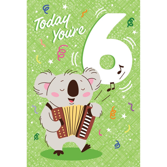 Pictura 6th Koala birthday card with colorful koala illustration, ideal for celebrating a child's 6th birthday.