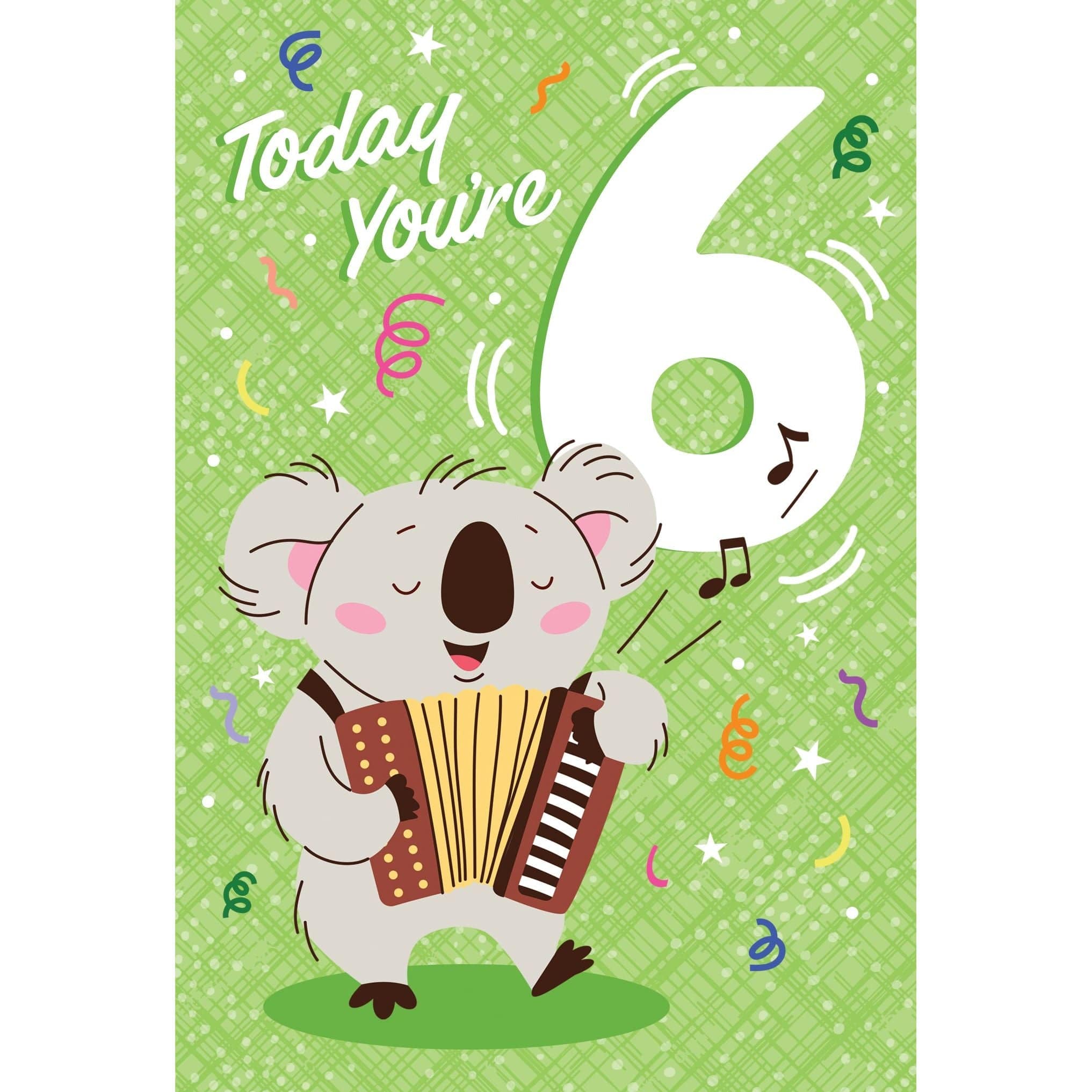 Pictura 6th Koala birthday card with colorful koala illustration, ideal for celebrating a child's 6th birthday.