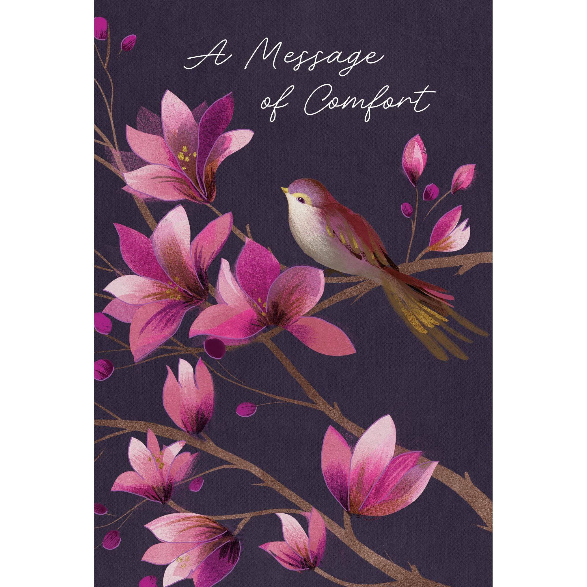 Pink Blossoms Bird Sympathy Card from Pictura featuring delicate pink floral design and a peaceful bird illustration.