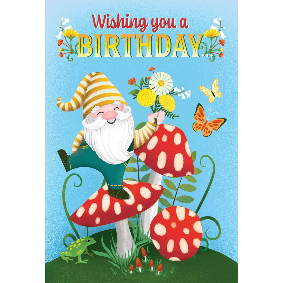 Colorful Mushrooms Gnome birthday card from Pictura featuring whimsical gnome and mushroom illustrations on a cheerful background.