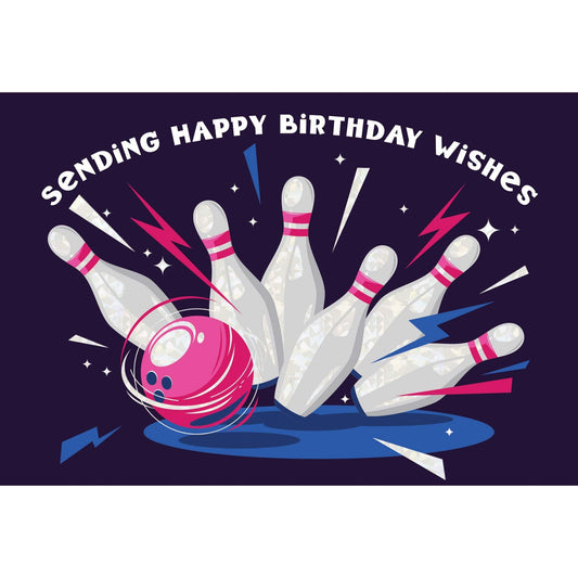 Colorful bowling pins birthday card by Pictura featuring playful bowling-themed illustrations on a cheerful background.
