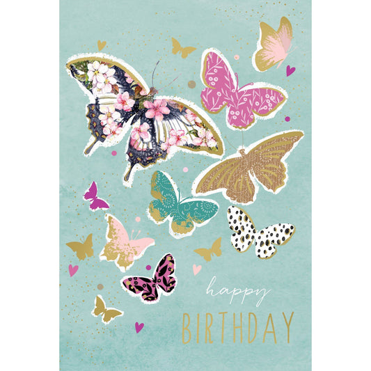 Pictura Butterfly Birthday Card featuring colorful butterfly illustrations on a cheerful greeting card for birthdays.