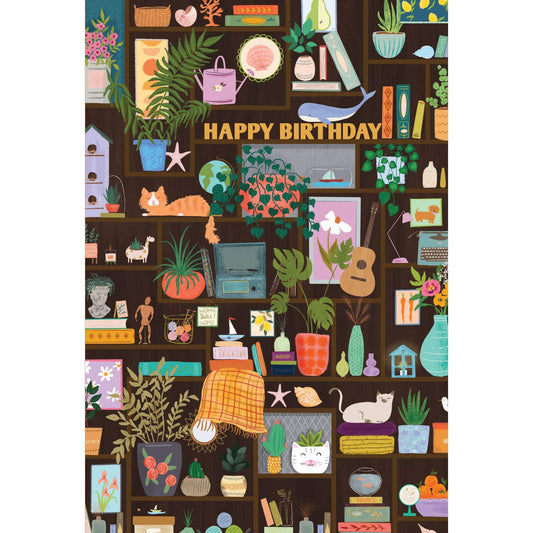 Decorated Shelves birthday card from Pictura featuring colorful illustrated shelves with birthday gifts and decorations.