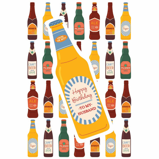 Pictura beer bottles birthday card for husband, featuring colorful illustrated beer bottles and celebratory design.