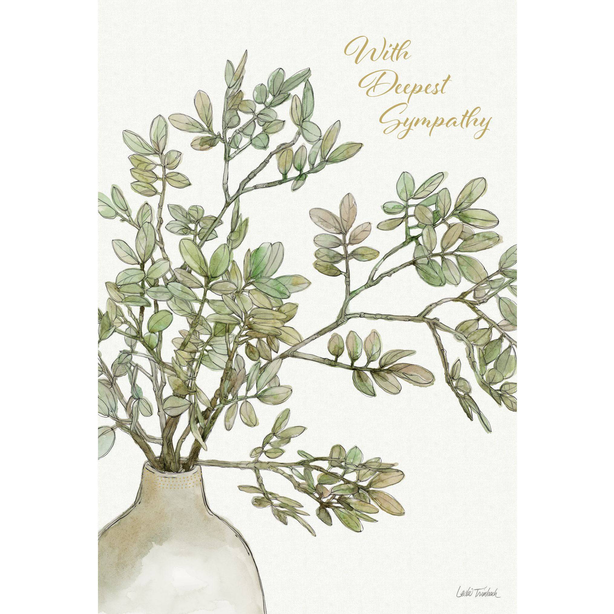 Potted leaves sympathy card from Cardmore featuring a peaceful plant illustration on a white background.